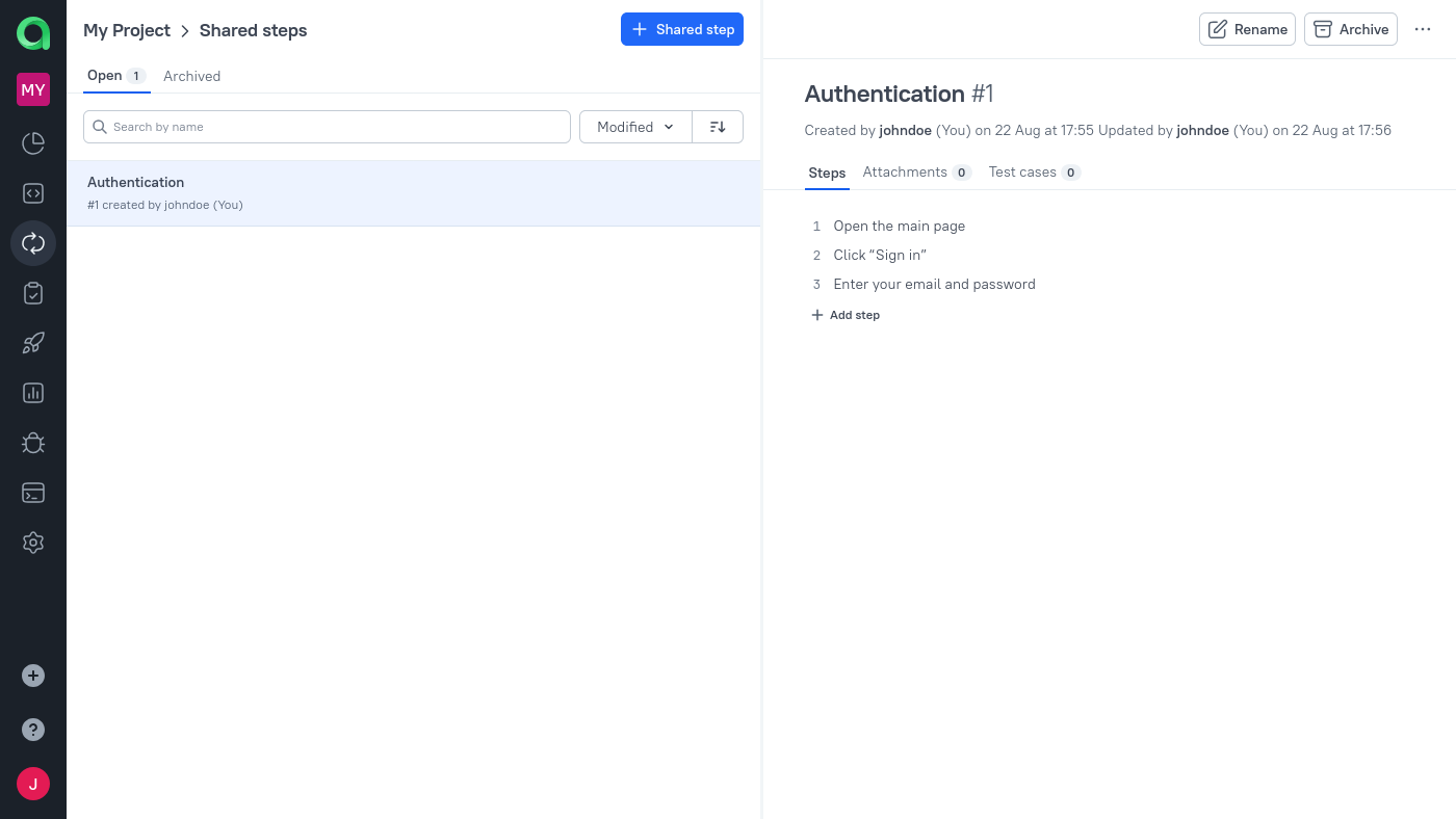 Shared steps can be created and edited in the “Shared steps” section.